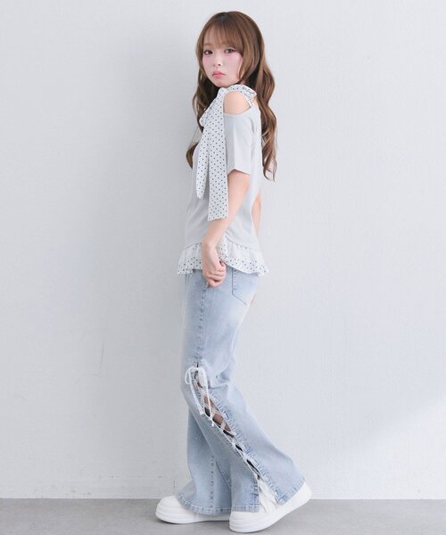 OLIVE des OLIVE(オリーブデオリーブ)の「肩リボンTシャツ(Tシャツ/カットソー・レディース・ライトグレー/オフホワイト/ブラック・FREE)」の17枚目の写真