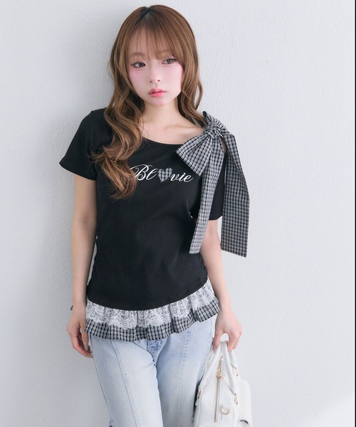 OLIVE des OLIVE(オリーブデオリーブ)の「肩リボンTシャツ(Tシャツ/カットソー・レディース・ライトグレー/オフホワイト/ブラック・FREE)」の5枚目の写真