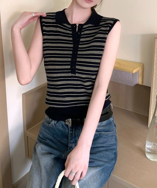 Girly Doll(ガーリードール)の「襟付きボーダーノースリーブニット(タンクトップ・レディース・ブルー/ネイビー・F)」の9枚目の写真
