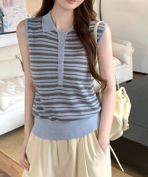 Girly Doll(ガーリードール)の「襟付きボーダーノースリーブニット(タンクトップ・レディース・ブルー/ネイビー・F)」の14枚目の写真