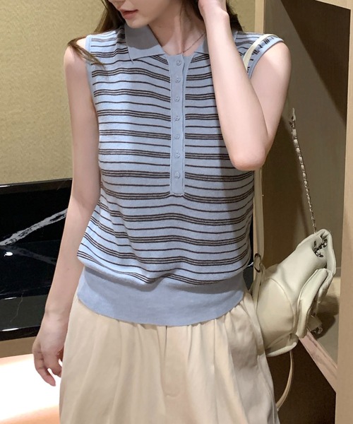 Girly Doll(ガーリードール)の「襟付きボーダーノースリーブニット(タンクトップ・レディース・ブルー/ネイビー・F)」の17枚目の写真