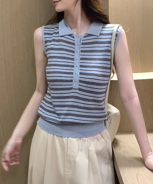 Girly Doll(ガーリードール)の「襟付きボーダーノースリーブニット(タンクトップ・レディース・ブルー/ネイビー・F)」の18枚目の写真
