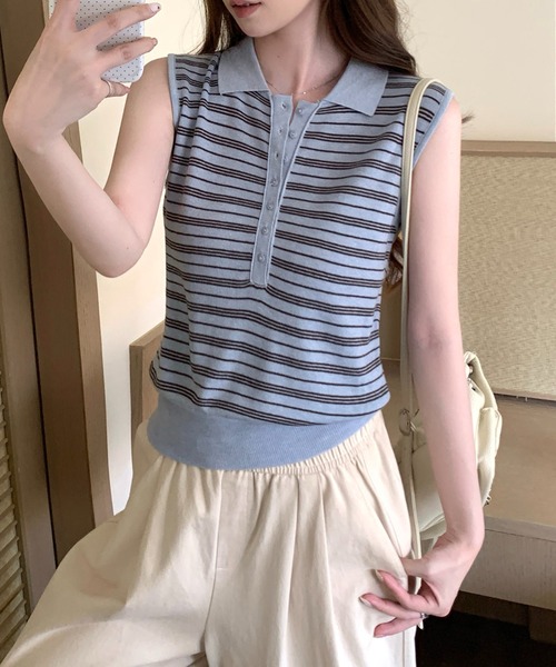 Girly Doll(ガーリードール)の「襟付きボーダーノースリーブニット(タンクトップ・レディース・ブルー/ネイビー・F)」の19枚目の写真
