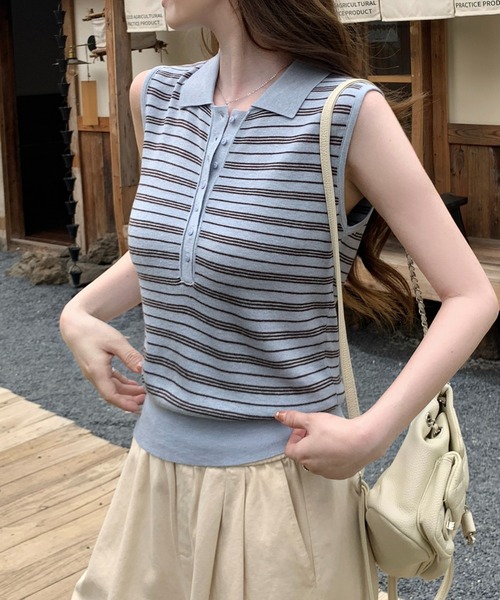 Girly Doll(ガーリードール)の「襟付きボーダーノースリーブニット(タンクトップ・レディース・ブルー/ネイビー・F)」の20枚目の写真