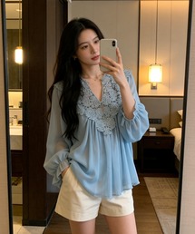 PLST  Vネックフレンチシフォンブラウス　他4枚 PLST(プラステ)公式 | UVカットVネックメタルパーツブラウス(レディース)