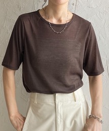 クルーネック シースルー 半袖 シアー Tシャツ リブカットソートップス