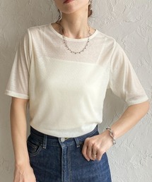 クルーネック シースルー 半袖 シアー Tシャツ リブカットソートップス