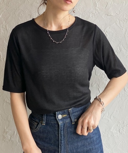She's Closet（シーズクローゼット）の「クルーネック シースルー 半袖 シアー Tシャツ リブカットソートップス（Tシャツ/カットソー・レディース・ブラック/アイボリー/イエロー/ブラウン・FREE）」の2枚目の写真