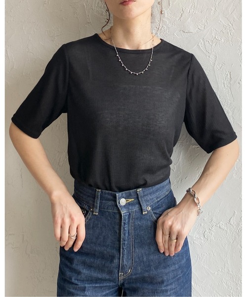 She's Closet（シーズクローゼット）の「クルーネック シースルー 半袖 シアー Tシャツ リブカットソートップス（Tシャツ/カットソー・レディース・ブラック/アイボリー/イエロー/ブラウン・FREE）」の21枚目の写真