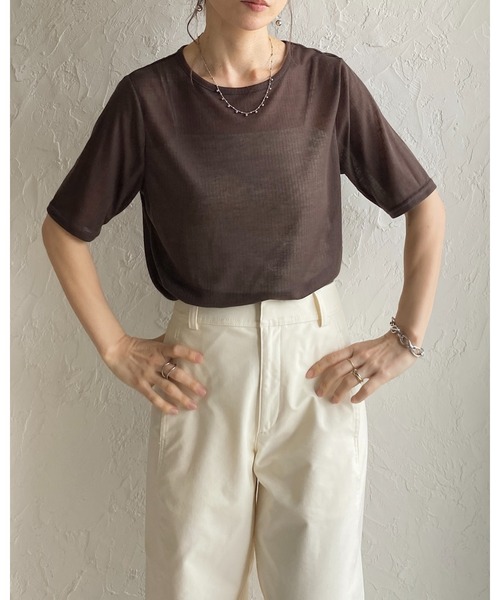 She's Closet（シーズクローゼット）の「クルーネック シースルー 半袖 シアー Tシャツ リブカットソートップス（Tシャツ/カットソー・レディース・ブラック/アイボリー/イエロー/ブラウン・FREE）」の12枚目の写真