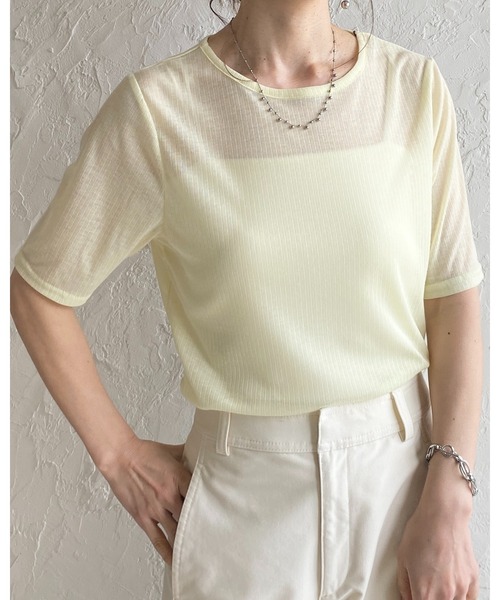She's Closet（シーズクローゼット）の「クルーネック シースルー 半袖 シアー Tシャツ リブカットソートップス（Tシャツ/カットソー・レディース・ブラック/アイボリー/イエロー/ブラウン・FREE）」の13枚目の写真