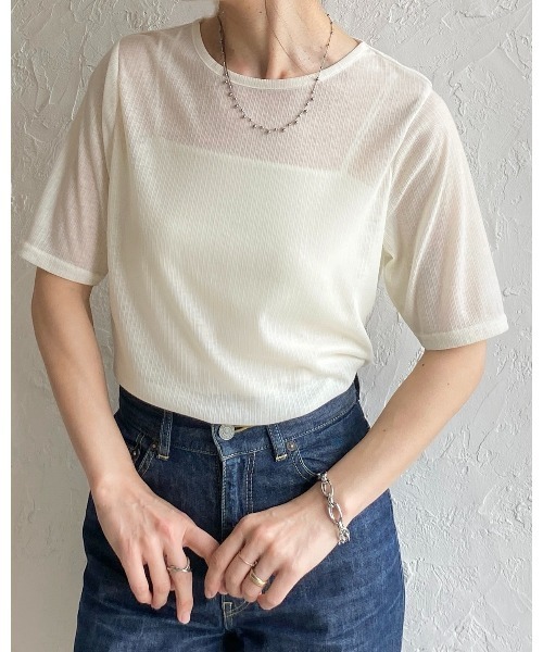 She's Closet（シーズクローゼット）の「クルーネック シースルー 半袖 シアー Tシャツ リブカットソートップス（Tシャツ/カットソー・レディース・ブラック/アイボリー/イエロー/ブラウン・FREE）」の14枚目の写真