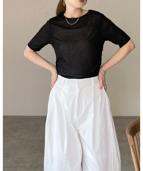 She's Closet（シーズクローゼット）の「クルーネック シースルー 半袖 シアー Tシャツ リブカットソートップス（Tシャツ/カットソー・レディース・ブラック/アイボリー/イエロー/ブラウン・FREE）」の9枚目の写真
