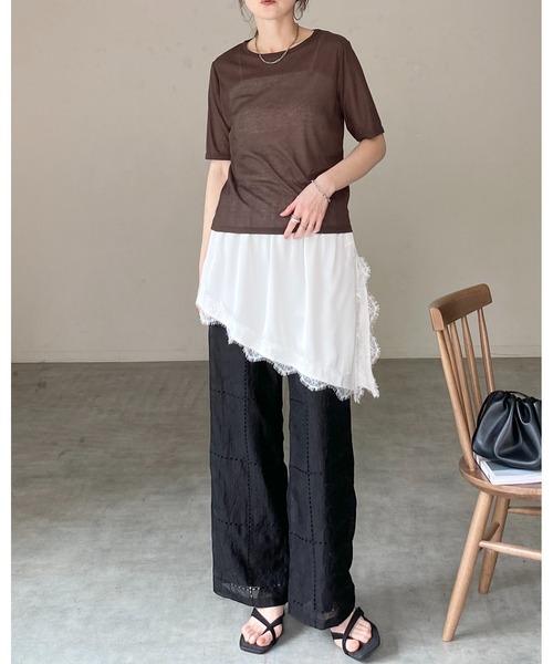 She's Closet（シーズクローゼット）の「クルーネック シースルー 半袖 シアー Tシャツ リブカットソートップス（Tシャツ/カットソー・レディース・ブラック/アイボリー/イエロー/ブラウン・FREE）」の10枚目の写真