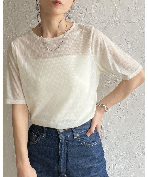 She's Closet（シーズクローゼット）の「クルーネック シースルー 半袖 シアー Tシャツ リブカットソートップス（Tシャツ/カットソー・レディース・ブラック/アイボリー/イエロー/ブラウン・FREE）」の20枚目の写真