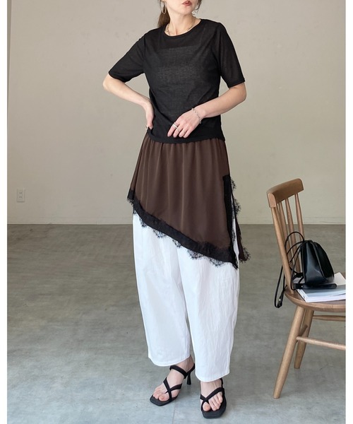 She's Closet（シーズクローゼット）の「クルーネック シースルー 半袖 シアー Tシャツ リブカットソートップス（Tシャツ/カットソー・レディース・ブラック/アイボリー/イエロー/ブラウン・FREE）」の19枚目の写真