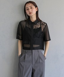 美品 アンジェム レース×レザーブラウス バンドカラー ドッキング グレー 灰色 &g'aime｜アンジェムの通販 - ZOZOTOWN