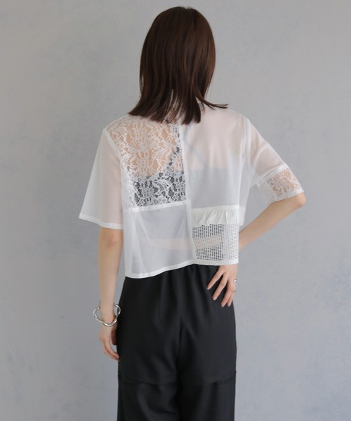 &g'aime（アンジェム）の「【&ｇ'aime 】MIXレースクロップドシャツ　Mixed Lace Cropped Shirt（シャツ/ブラウス・レディース・ブラック/オフホワイト・FREE）」の9枚目の写真