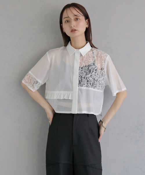 &g'aime（アンジェム）の「【&ｇ'aime 】MIXレースクロップドシャツ　Mixed Lace Cropped Shirt（シャツ/ブラウス・レディース・ブラック/オフホワイト・FREE）」の3枚目の写真