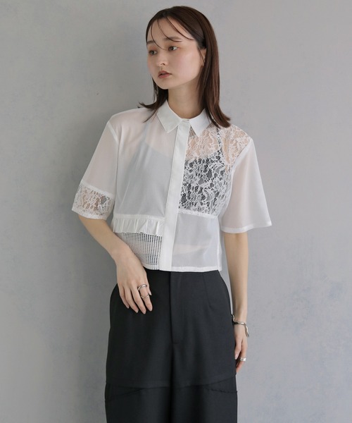 &g'aime（アンジェム）の「【&ｇ'aime 】MIXレースクロップドシャツ　Mixed Lace Cropped Shirt（シャツ/ブラウス・レディース・ブラック/オフホワイト・FREE）」の4枚目の写真