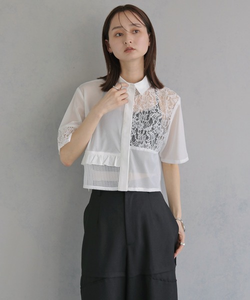 &g'aime（アンジェム）の「【&ｇ'aime 】MIXレースクロップドシャツ　Mixed Lace Cropped Shirt（シャツ/ブラウス・レディース・ブラック/オフホワイト・FREE）」の5枚目の写真