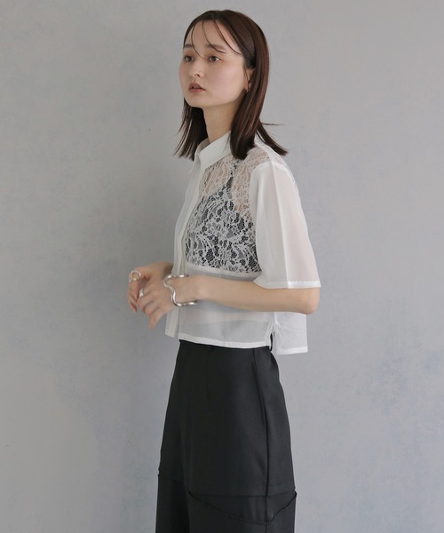 &g'aime（アンジェム）の「【&ｇ'aime 】MIXレースクロップドシャツ　Mixed Lace Cropped Shirt（シャツ/ブラウス・レディース・ブラック/オフホワイト・FREE）」の7枚目の写真