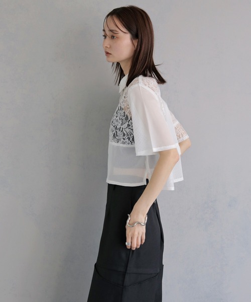 &g'aime（アンジェム）の「【&ｇ'aime 】MIXレースクロップドシャツ　Mixed Lace Cropped Shirt（シャツ/ブラウス・レディース・ブラック/オフホワイト・FREE）」の8枚目の写真