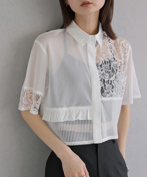 &g'aime（アンジェム）の「【&ｇ'aime 】MIXレースクロップドシャツ　Mixed Lace Cropped Shirt（シャツ/ブラウス・レディース・ブラック/オフホワイト・FREE）」の6枚目の写真