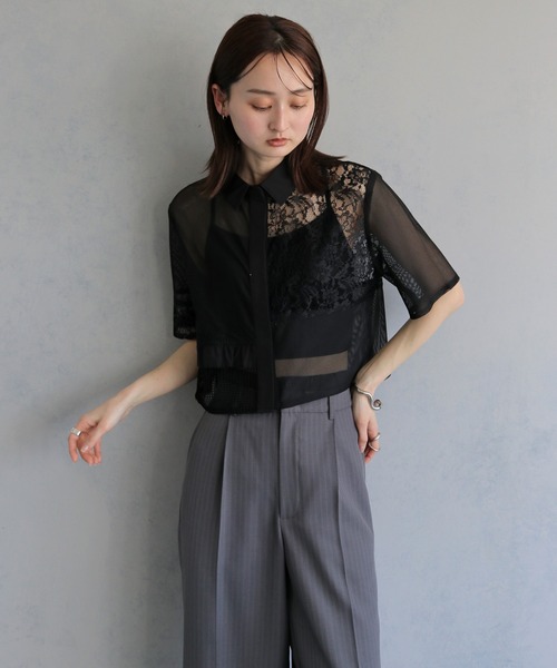 &g'aime（アンジェム）の「【&ｇ'aime 】MIXレースクロップドシャツ　Mixed Lace Cropped Shirt（シャツ/ブラウス・レディース・ブラック/オフホワイト・FREE）」の14枚目の写真