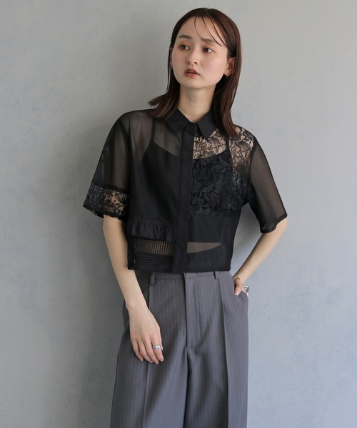 &g'aime（アンジェム）の「【&ｇ'aime 】MIXレースクロップドシャツ　Mixed Lace Cropped Shirt（シャツ/ブラウス・レディース・ブラック/オフホワイト・FREE）」の15枚目の写真