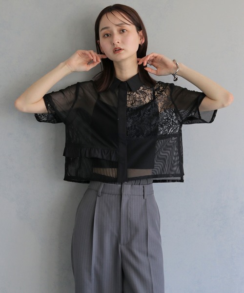 &g'aime（アンジェム）の「【&ｇ'aime 】MIXレースクロップドシャツ　Mixed Lace Cropped Shirt（シャツ/ブラウス・レディース・ブラック/オフホワイト・FREE）」の16枚目の写真