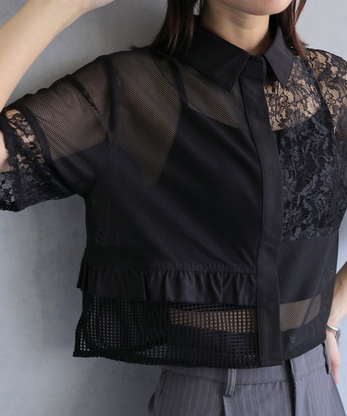 &g'aime（アンジェム）の「【&ｇ'aime 】MIXレースクロップドシャツ　Mixed Lace Cropped Shirt（シャツ/ブラウス・レディース・ブラック/オフホワイト・FREE）」の22枚目の写真