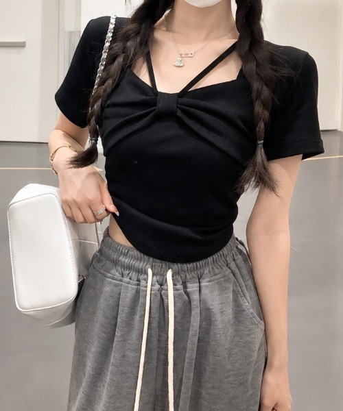 MELT(メルト)の「リボンデザイン無地半袖トップス(Tシャツ/カットソー・レディース・ピンク/ホワイト/ブラック・FREE)」の9枚目の写真