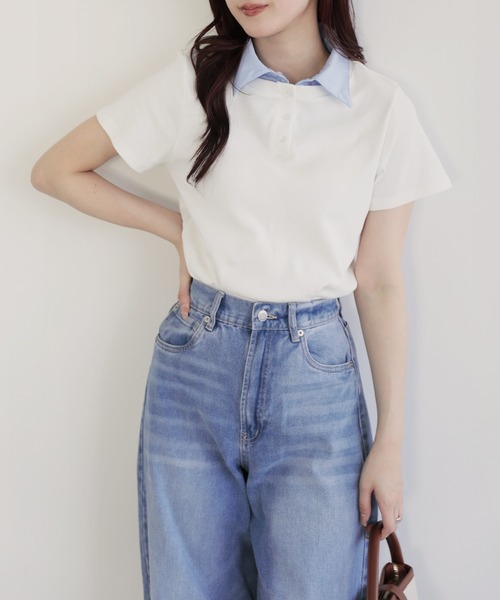 バイカラーデザイン半袖ポロカットソー（Tシャツ/カットソー