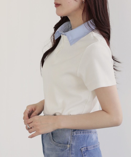 nouvellemoi(ヌーベルモイ)の「バイカラーデザイン半袖ポロカットソー(Tシャツ/カットソー・レディース・オフホワイト/ネイビー/ブラック・M)」の5枚目の写真