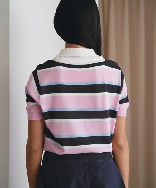 SOEMIN(ソミン)の「Border short-sleeved knit/ボーダー半袖ニット(ニット/セーター・レディース・サックスブルー/ピンク・FREE)」の7枚目の写真