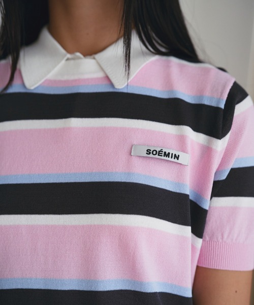 SOEMIN(ソミン)の「Border short-sleeved knit/ボーダー半袖ニット(ニット/セーター・レディース・サックスブルー/ピンク・FREE)」の6枚目の写真