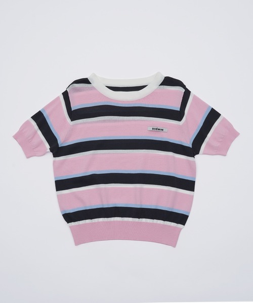 SOEMIN(ソミン)の「Border short-sleeved knit/ボーダー半袖ニット(ニット/セーター・レディース・サックスブルー/ピンク・FREE)」の4枚目の写真