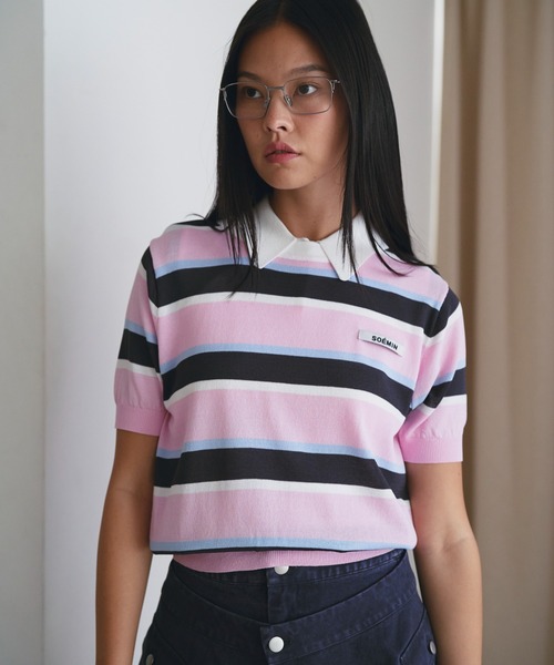 SOEMIN(ソミン)の「Border short-sleeved knit/ボーダー半袖ニット(ニット/セーター・レディース・サックスブルー/ピンク・FREE)」の9枚目の写真