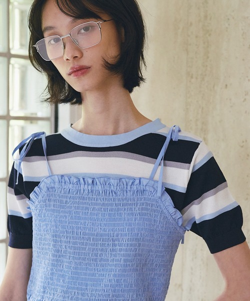 SOEMIN(ソミン)の「Border short-sleeved knit/ボーダー半袖ニット(ニット/セーター・レディース・サックスブルー/ピンク・FREE)」の14枚目の写真