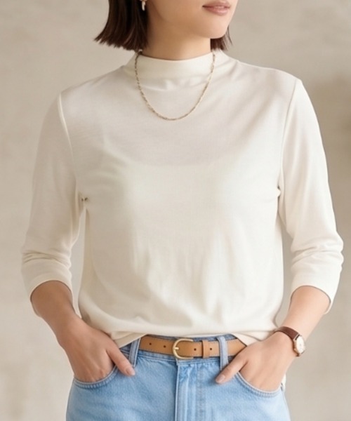 Belta attrice（ベルタアトリーチェ）の「【汗冷え対策】ハイツイストコットン100 7分袖モックネックカットソー/薄手 秋冬（Tシャツ/カットソー・レディース・グリーン/ホワイト/ライトブルー/ミント/ブルー/ブラック/オレンジ/グレイッシュベージュ/ライトピンク/ボルドー・FREE）」の14枚目の写真