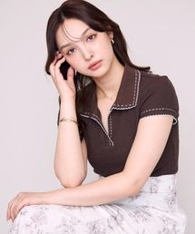 2026春夏新作 配色ステッチポロニット半袖トップス