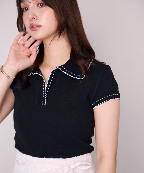 セール】2026春夏新作 配色ステッチポロニット半袖トップス（Tシャツ