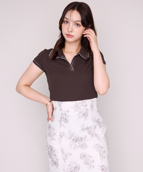 MISCH MASCH(ミッシュマッシュ)の「2026春夏新作 配色ステッチポロニット半袖トップス(Tシャツ/カットソー・レディース・ホワイト/ブラック/ブラウン・フリ-)」の16枚目の写真