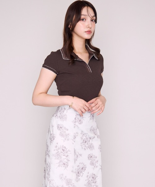 MISCH MASCH(ミッシュマッシュ)の「2026春夏新作 配色ステッチポロニット半袖トップス(Tシャツ/カットソー・レディース・ホワイト/ブラック/ブラウン・フリ-)」の15枚目の写真