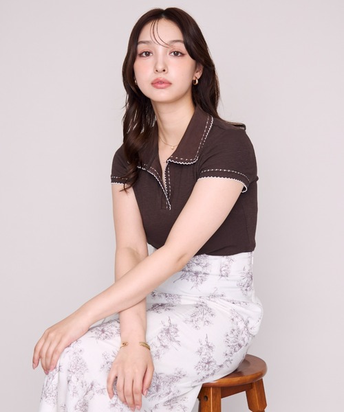MISCH MASCH(ミッシュマッシュ)の「2026春夏新作 配色ステッチポロニット半袖トップス(Tシャツ/カットソー・レディース・ホワイト/ブラック/ブラウン・フリ-)」の12枚目の写真
