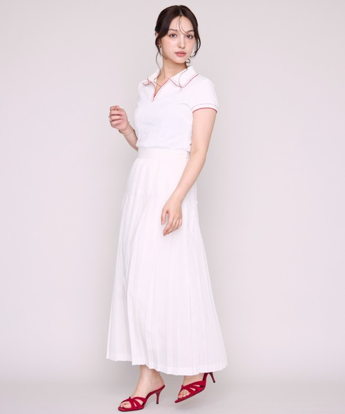 MISCH MASCH(ミッシュマッシュ)の「2026春夏新作 配色ステッチポロニット半袖トップス(Tシャツ/カットソー・レディース・ホワイト/ブラック/ブラウン・フリ-)」の4枚目の写真