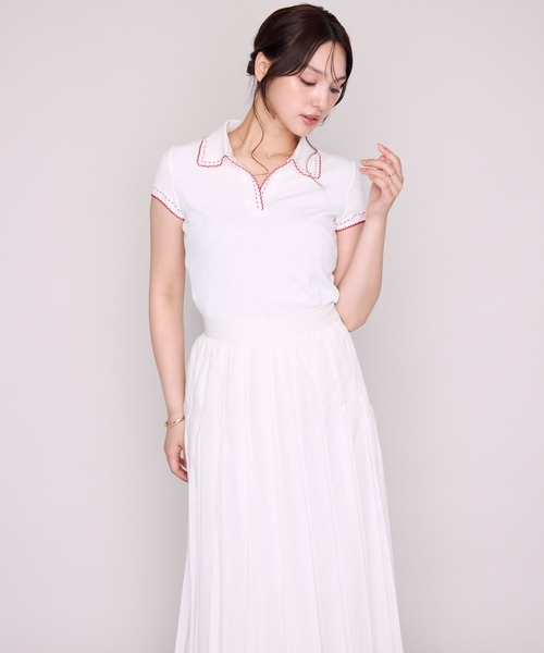 MISCH MASCH(ミッシュマッシュ)の「2026春夏新作 配色ステッチポロニット半袖トップス(Tシャツ/カットソー・レディース・ホワイト/ブラック/ブラウン・フリ-)」の5枚目の写真
