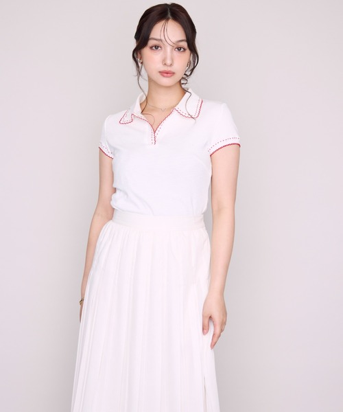 MISCH MASCH(ミッシュマッシュ)の「2026春夏新作 配色ステッチポロニット半袖トップス(Tシャツ/カットソー・レディース・ホワイト/ブラック/ブラウン・フリ-)」の6枚目の写真