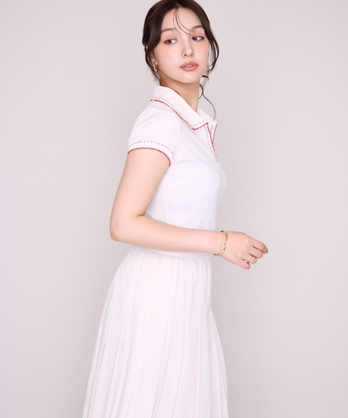 MISCH MASCH(ミッシュマッシュ)の「2026春夏新作 配色ステッチポロニット半袖トップス(Tシャツ/カットソー・レディース・ホワイト/ブラック/ブラウン・フリ-)」の7枚目の写真